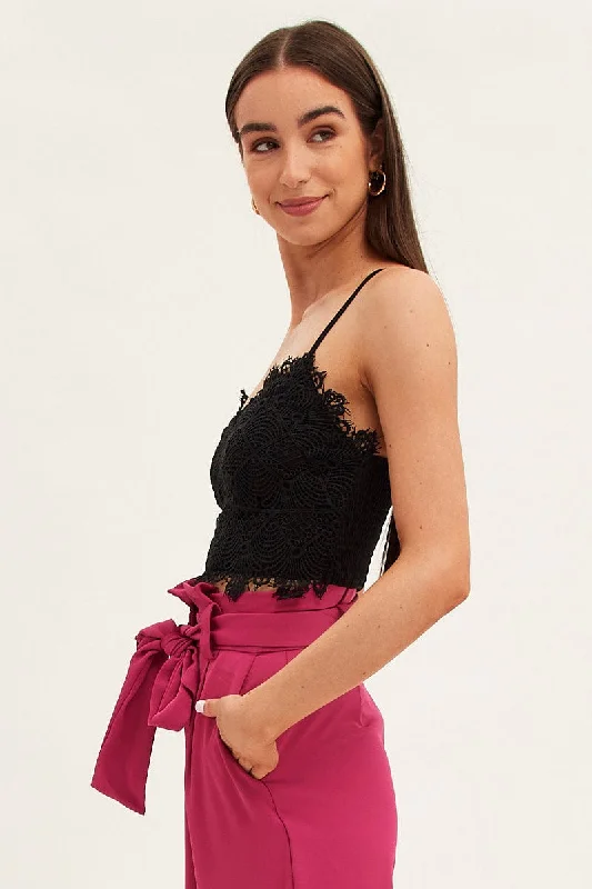 Black Crop Top Sleeveless Sweetheart Neckline Cami Lace