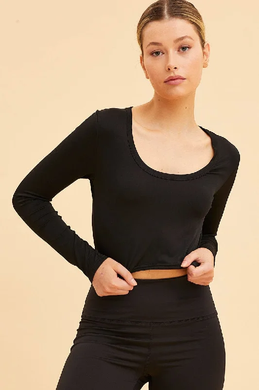 Black Crop Top Smooth Long Sleeve Scoop Neck