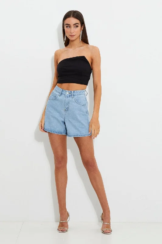 Black Designer Asymmetric Bandeau Crop Top