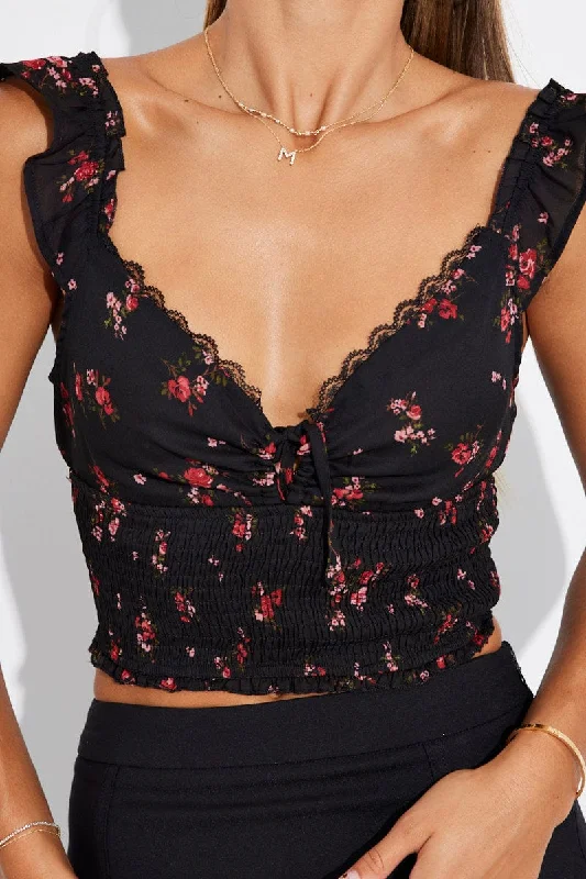 Black Ditsy Smocked Crop Top Sleeveless