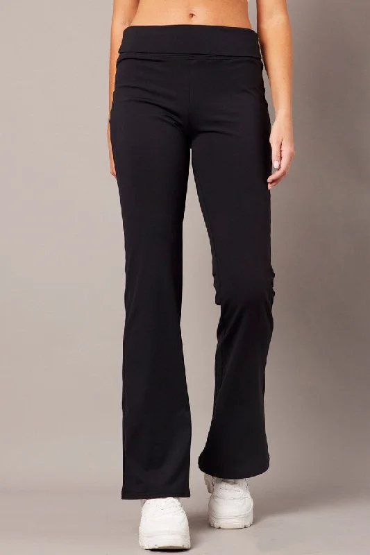 Black Flared Pants Fold Up Waist Mid Rise