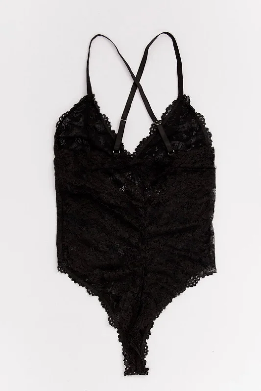 Black Floral Lace One Piece Teddy Bodysuit