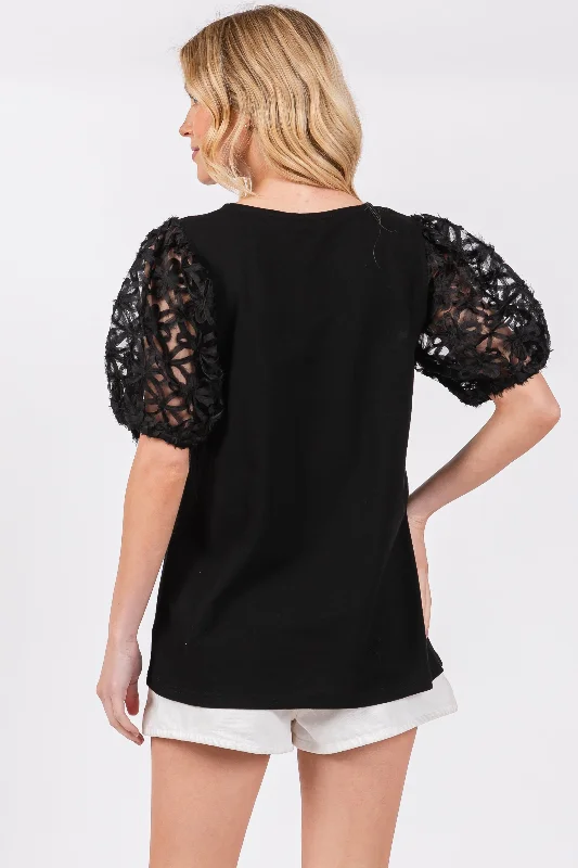 Black Floral Mesh Sleeve Blouse