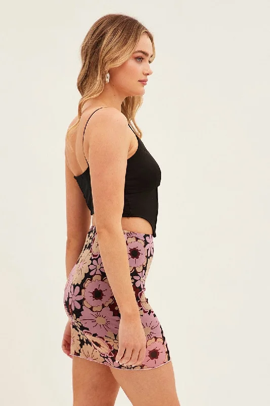 Black Floral Mini Skirt Mesh