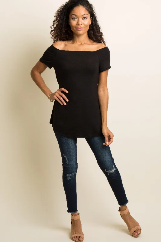 Black Off Shoulder Short Sleeve Top