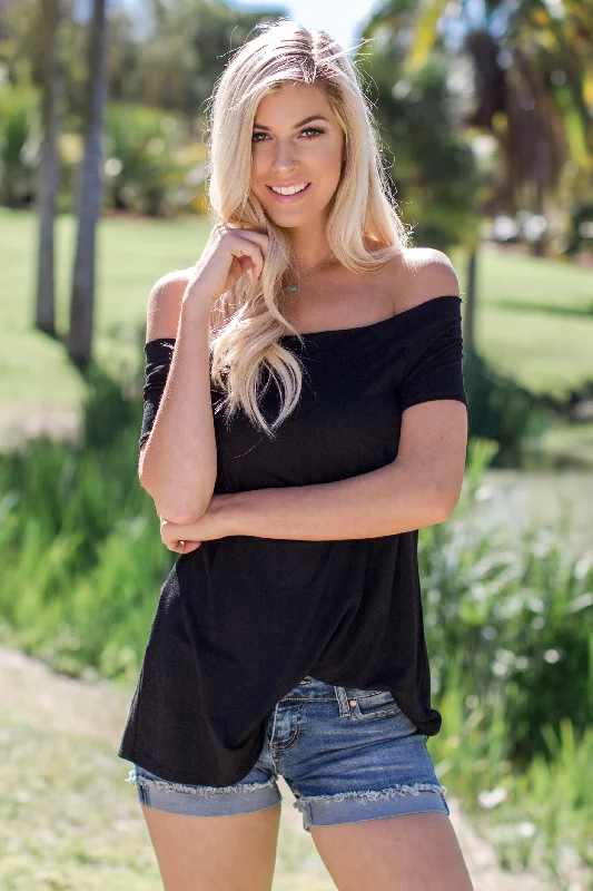 Black Off Shoulder Short Sleeve Top