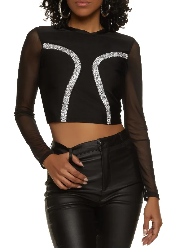 Rhinestone Detail Mesh Back Crop Top