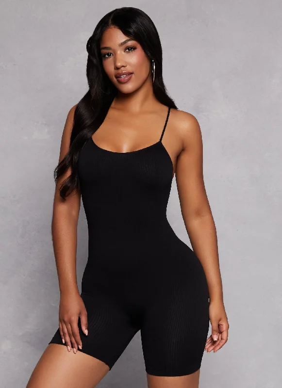 Seamless Rib Knit Cami Biker Romper