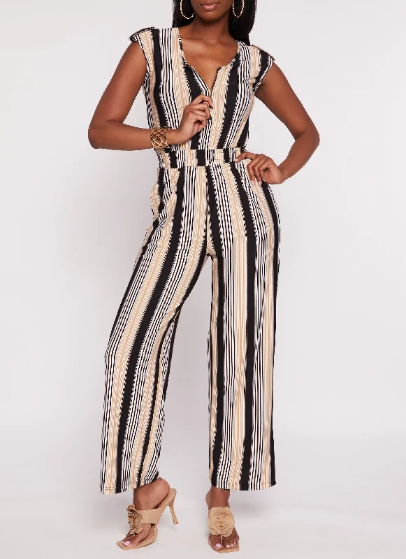 Striped Half Zip Jumpsuit