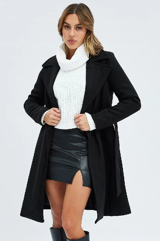 Black Tie Front Coat Knee Length