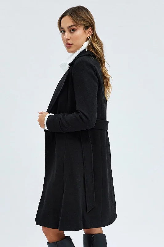 Black Tie Front Coat Knee Length