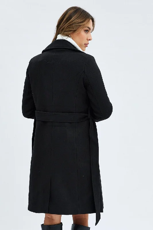 Black Tie Front Coat Knee Length