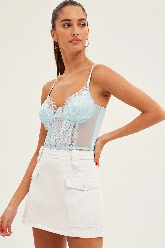 Blue Eyelash Lace One Piece Panelled Bodysuit