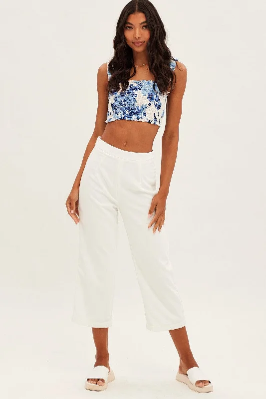 Blue Floral Crop Top Sleeveless Square Neck Shirred