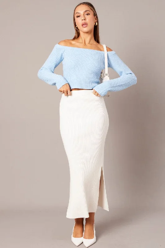 Blue Knit Top Long Sleeve Off Shoulder