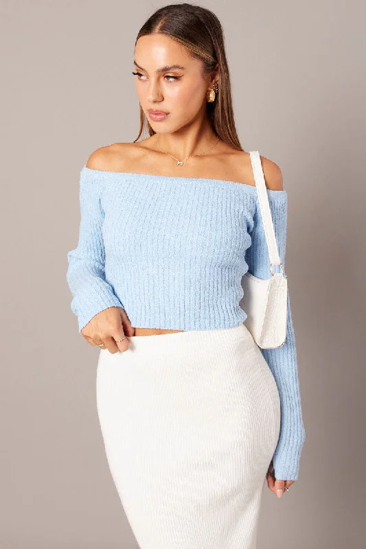 Blue Knit Top Long Sleeve Off Shoulder