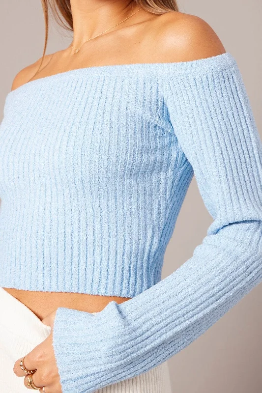 Blue Knit Top Long Sleeve Off Shoulder