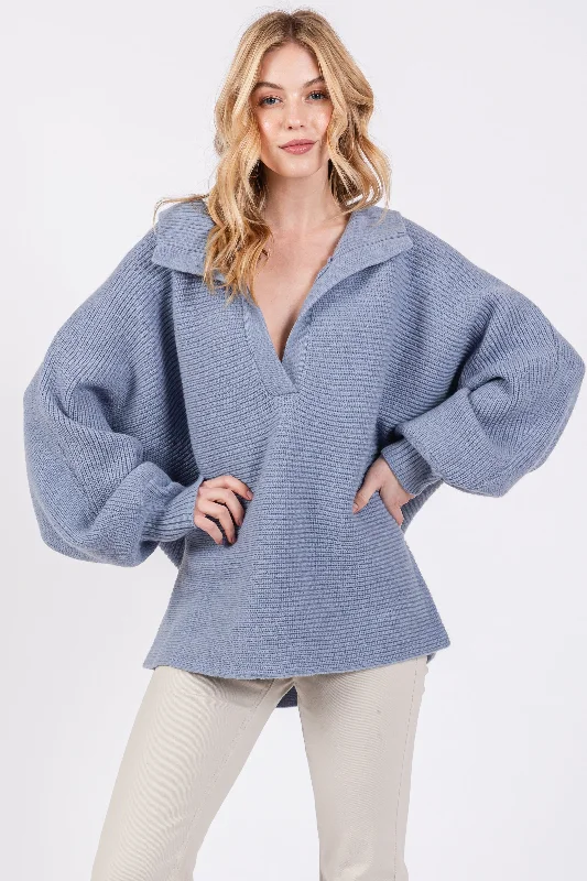 Blue Oversize Collared Knit Sweater