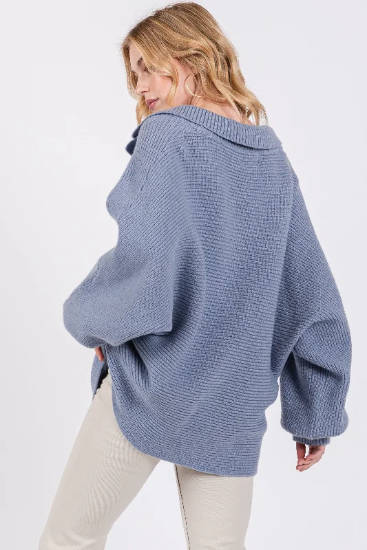 Blue Oversize Collared Knit Sweater