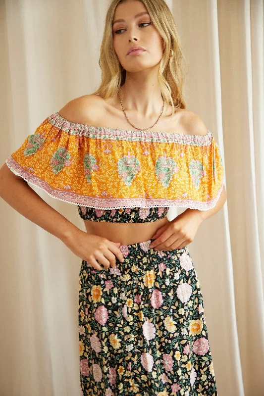 Boho Print Off Shoulder Shirred Waist Bardot Top