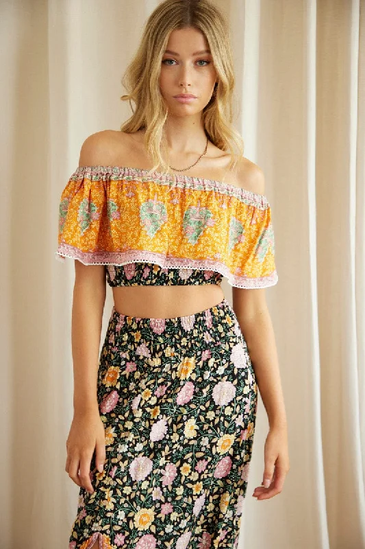 Boho Print Off Shoulder Shirred Waist Bardot Top