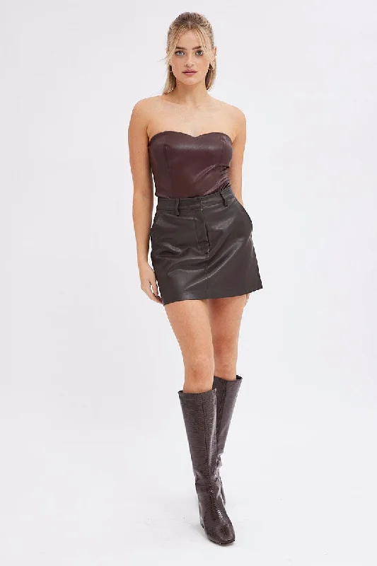 Brown Bodysuit Sleeveless Sweetheart Faux Leather