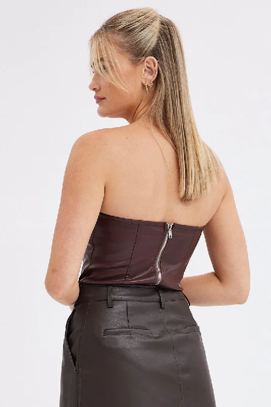 Brown Bodysuit Sleeveless Sweetheart Faux Leather