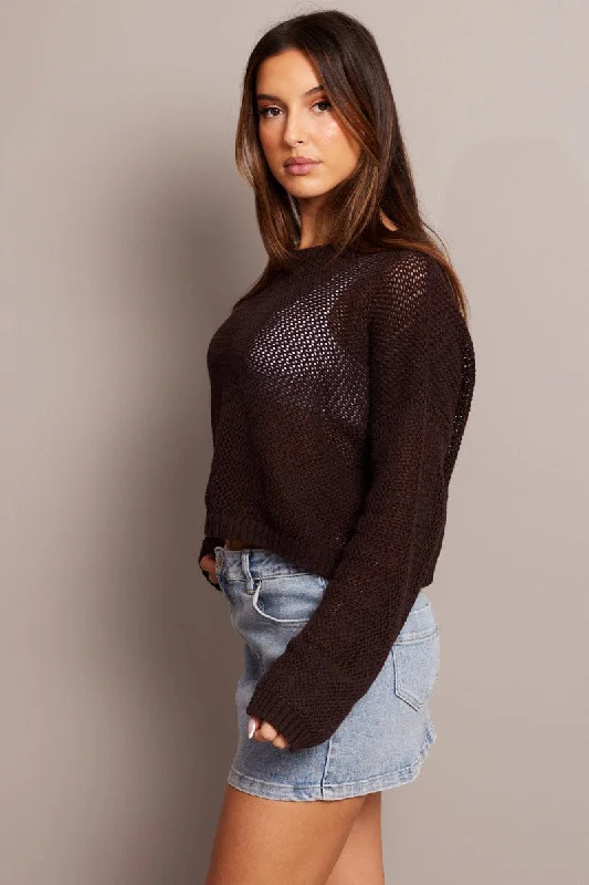 Brown Crochet Knit Top Boat Neck Long Sleeve