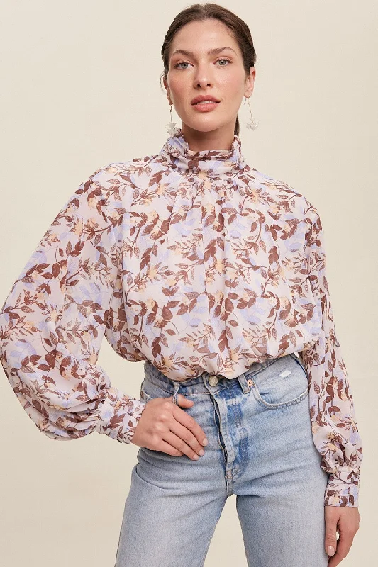 Brown Leaf Print Mock Neck Long Sleeve Blouse