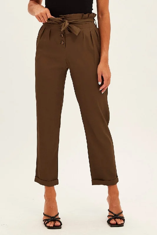 Brown Tie And Elastic Waist Slim Leg Pant