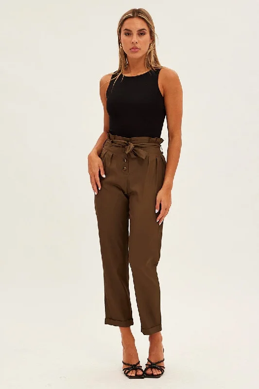 Brown Tie And Elastic Waist Slim Leg Pant