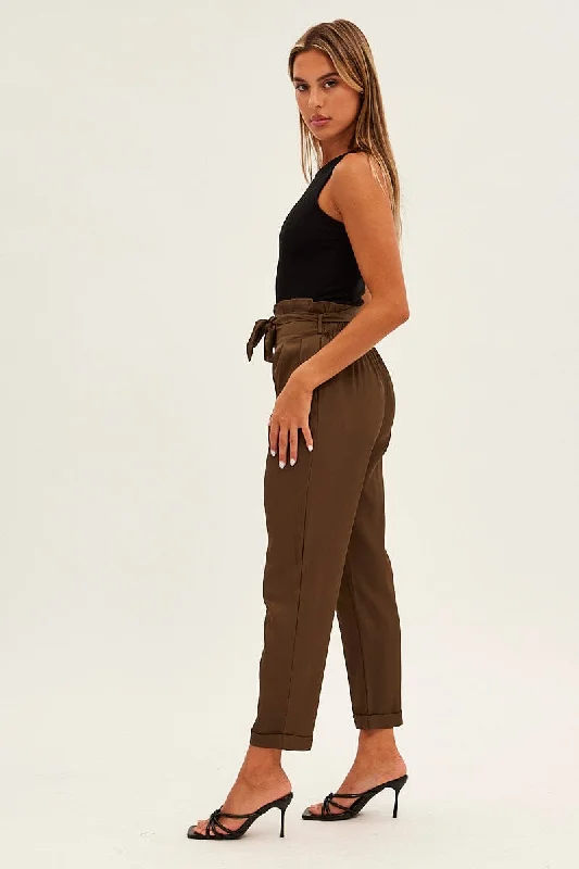 Brown Tie And Elastic Waist Slim Leg Pant