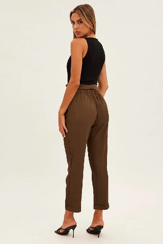 Brown Tie And Elastic Waist Slim Leg Pant