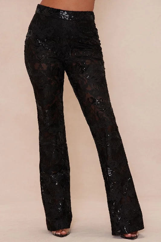 Charlize Sequin Embroidered Pant - Black