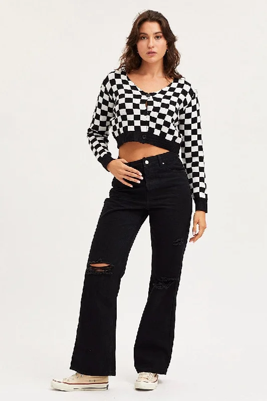 Check Knit Cardigan Long Sleeve Crop V-Neck