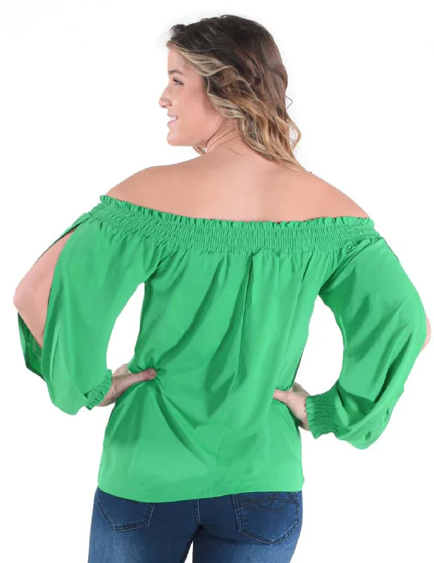 Cowgirl Tuff Womens Cooling UPF Off Shoulder Money Green Nylon L/S Blouse