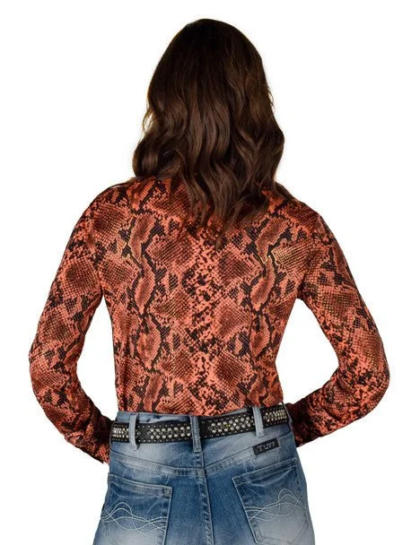 Cowgirl Tuff Womens Pullover Snake Orange Polyester L/S Shirt