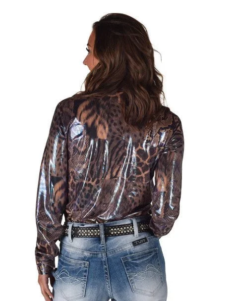 Cowgirl Tuff Womens Shiny Animal Tan Polyester L/S Shirt