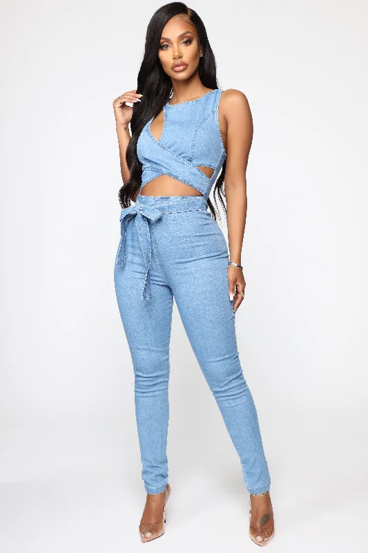 Cut Out The Haters Denim Jumpsuit - Light Wash