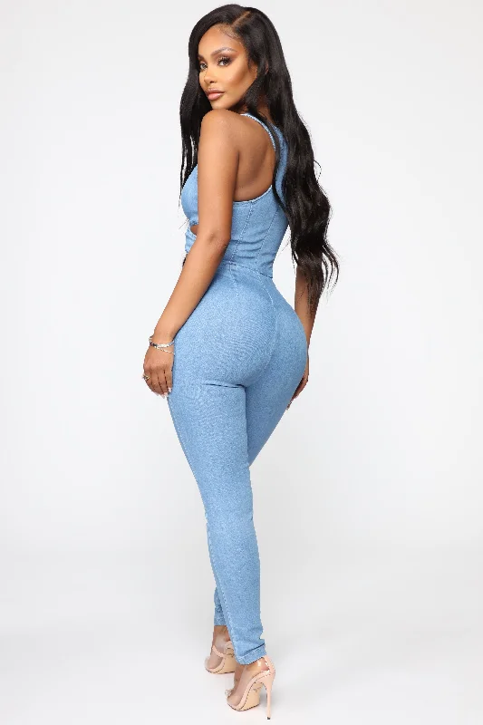 Cut Out The Haters Denim Jumpsuit - Light Wash