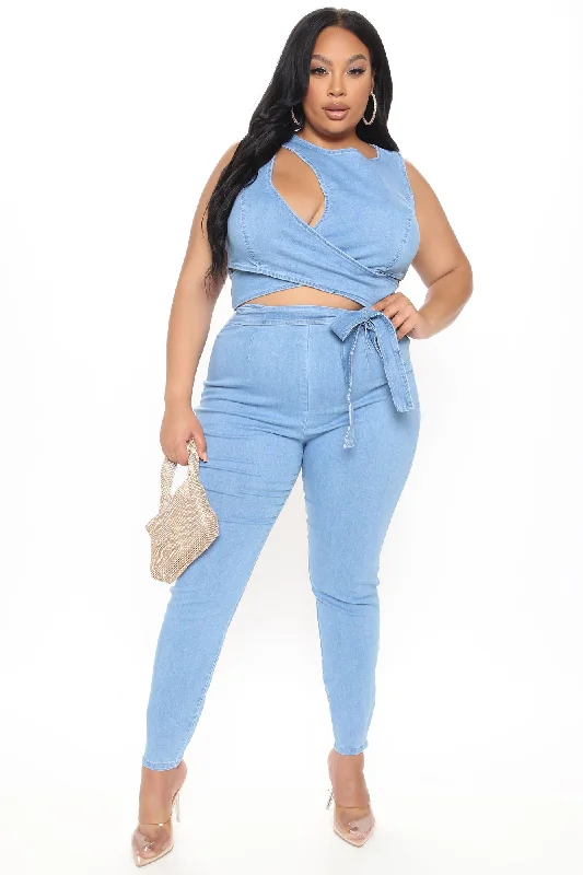 Cut Out The Haters Denim Jumpsuit - Light Wash