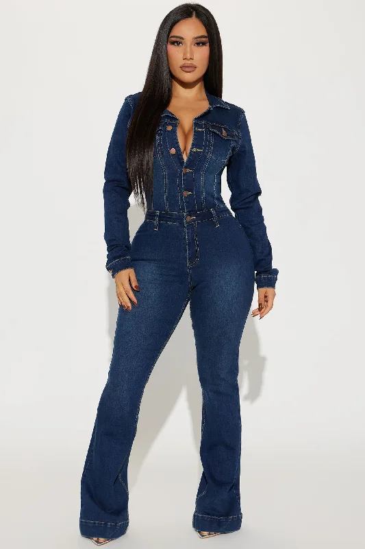 Day Dreaming Long Sleeve Denim Jumpsuit - Dark Denim