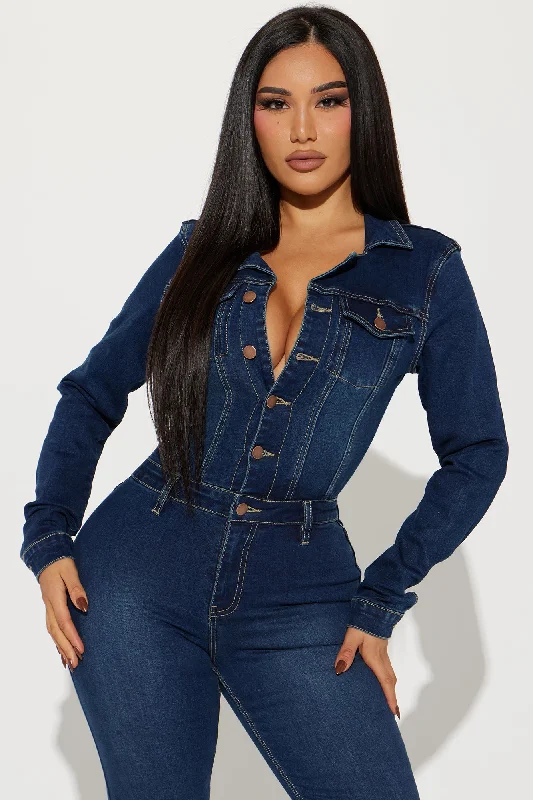 Day Dreaming Long Sleeve Denim Jumpsuit - Dark Denim