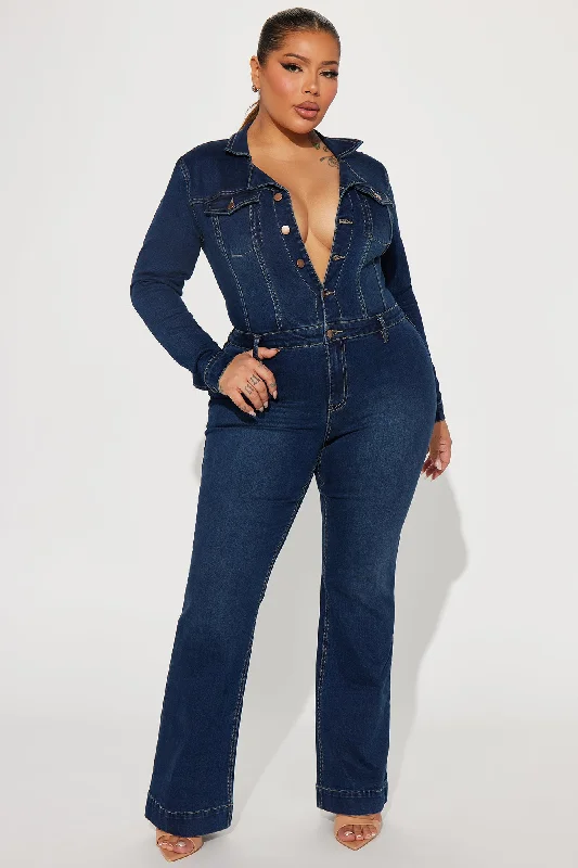 Day Dreaming Long Sleeve Denim Jumpsuit - Dark Denim