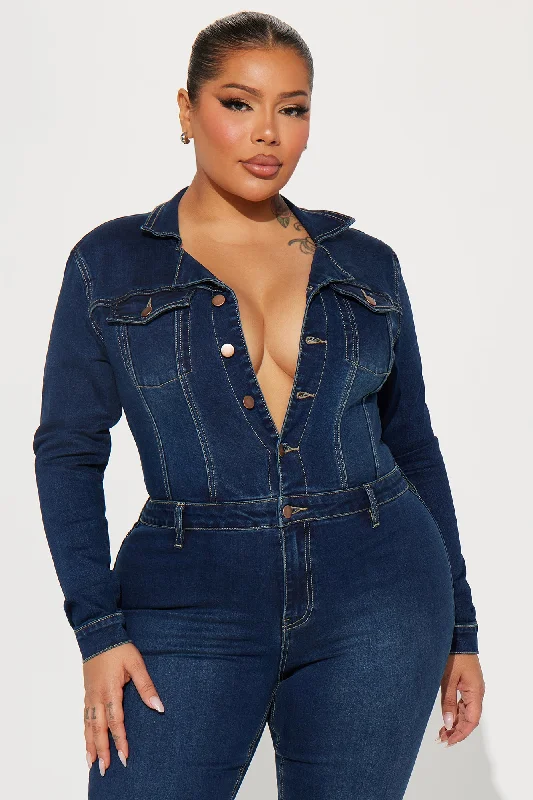 Day Dreaming Long Sleeve Denim Jumpsuit - Dark Denim