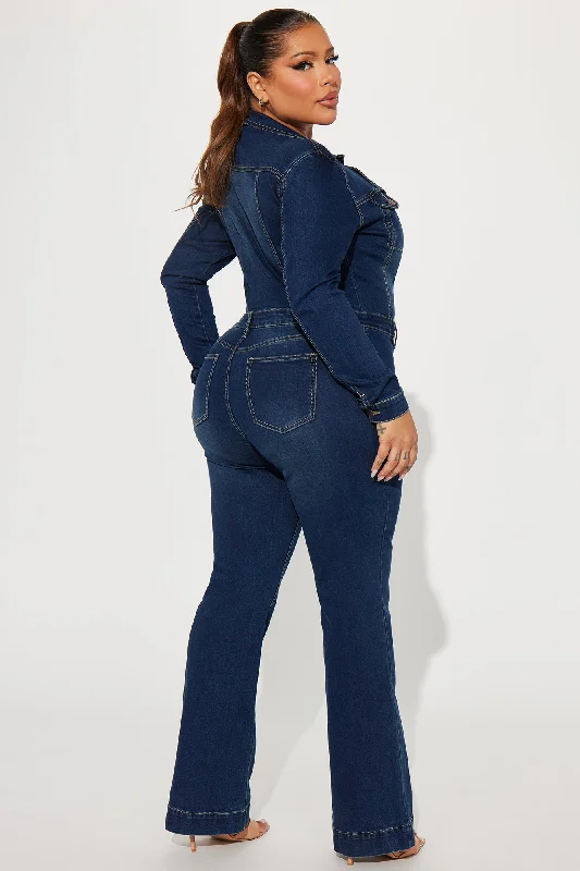 Day Dreaming Long Sleeve Denim Jumpsuit - Dark Denim