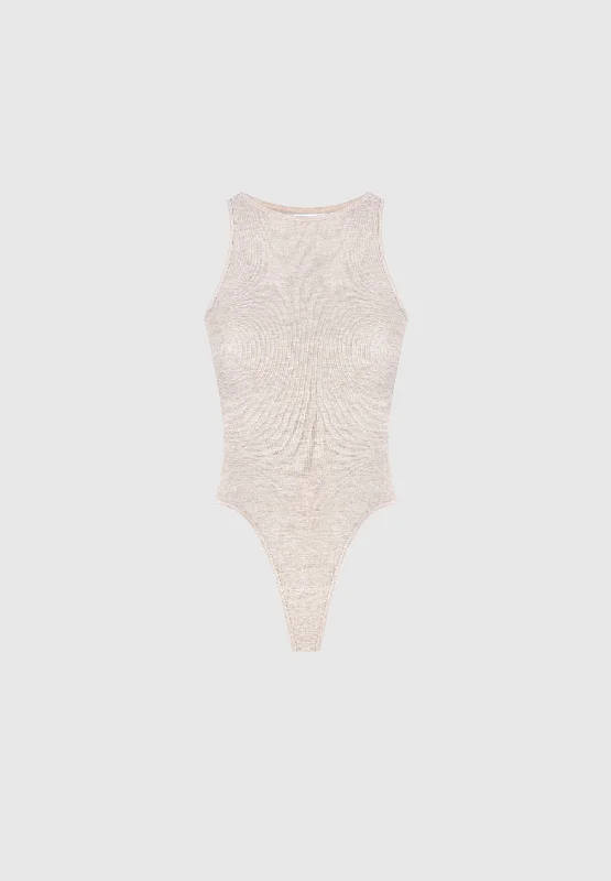 Éternelle Sheer Racer Neck Bodysuit - Beige