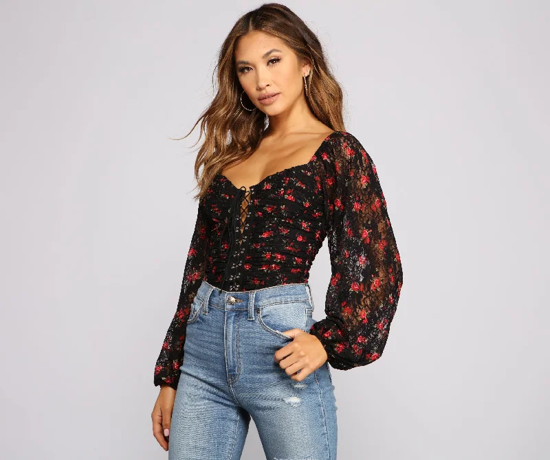 Floral Passion Lace-Up Bodysuit