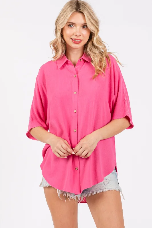 Fuchsia Linen Dolman Half Sleeve Button Down Top