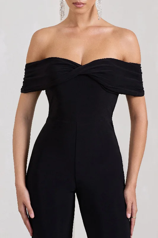 Gemma | Black Bardot Open-Back Flared-Leg Jumpsuit